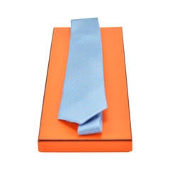 HERMES Tie TWILL Silk Blue Sky Grey 7cm 2015.