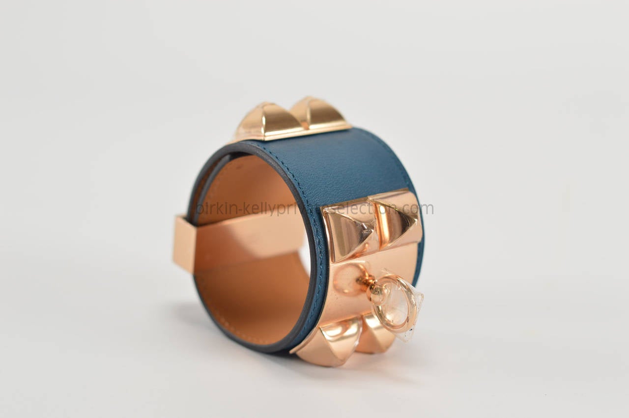 Artisan HERMES Bracelet Collier de Chien S SWIFT NAVY BLUE Pink Plated Hardware 2015.