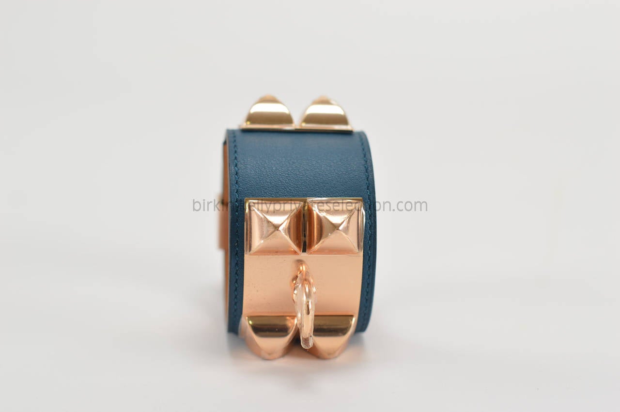 HERMES Bracelet Collier de Chien S SWIFT NAVY BLUE Pink Plated Hardware 2015. In New Condition In Miami, FL
