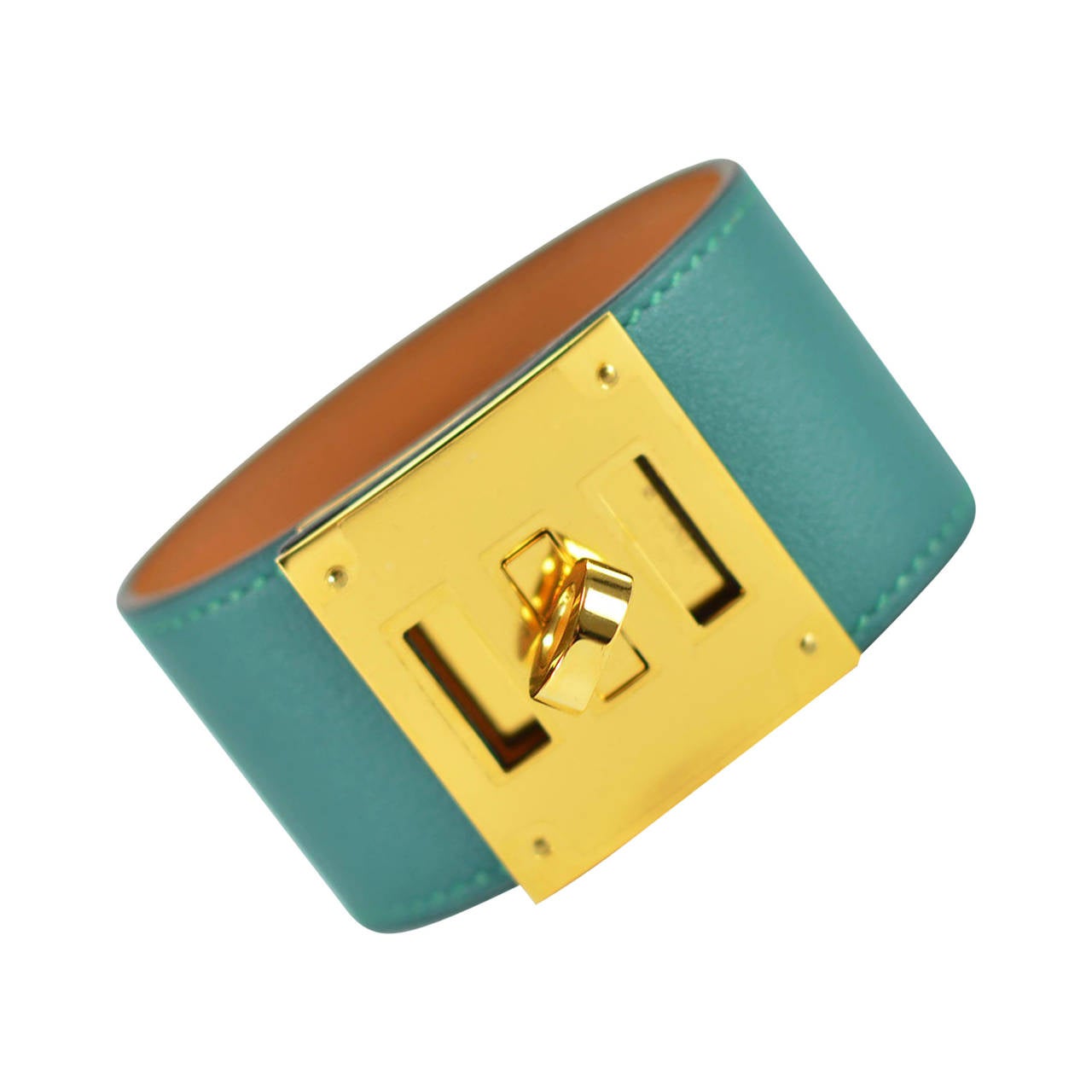 Hermes BRACELET CUIR KELLY DOG VEAU SWIFT LISS MALACHITE Gold Hardware 2015.