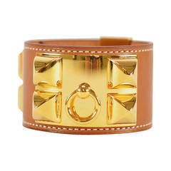 HERMES Bracelet Collier de Chien V2 S Tan Barenia Fauve Color Gold Hardware 2015