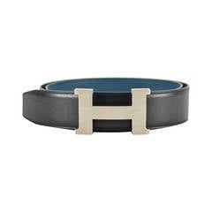 HERMES BELT H 42 MM TADELAKT EPSOM 95 Black Blue Palladium reversible 2015.