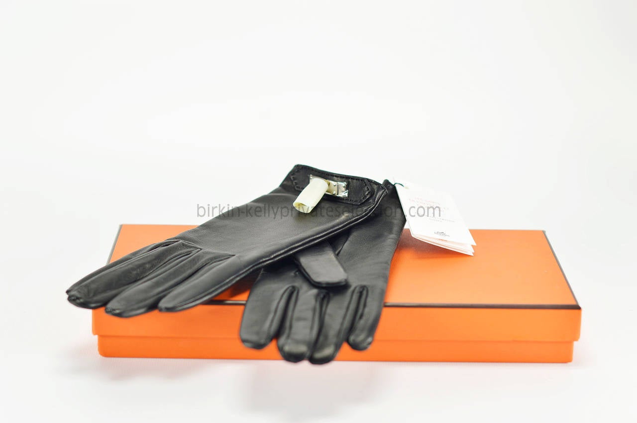 HERMES Gloves Woman SOYA Size 7 Black Palladium Hardware 2015. 4