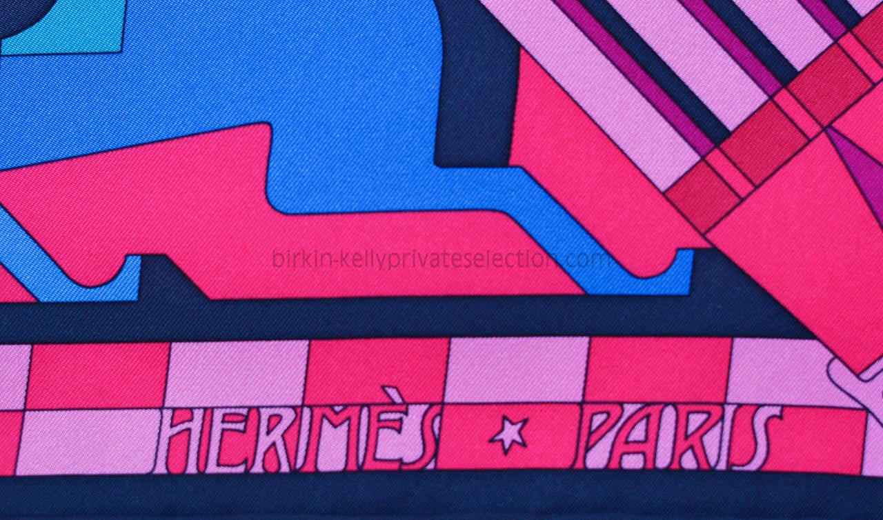 HERMES CARRE TWILL 100% Seide 90CM STEEPLE CHASE Blau Rosa Weiß 2015. 4