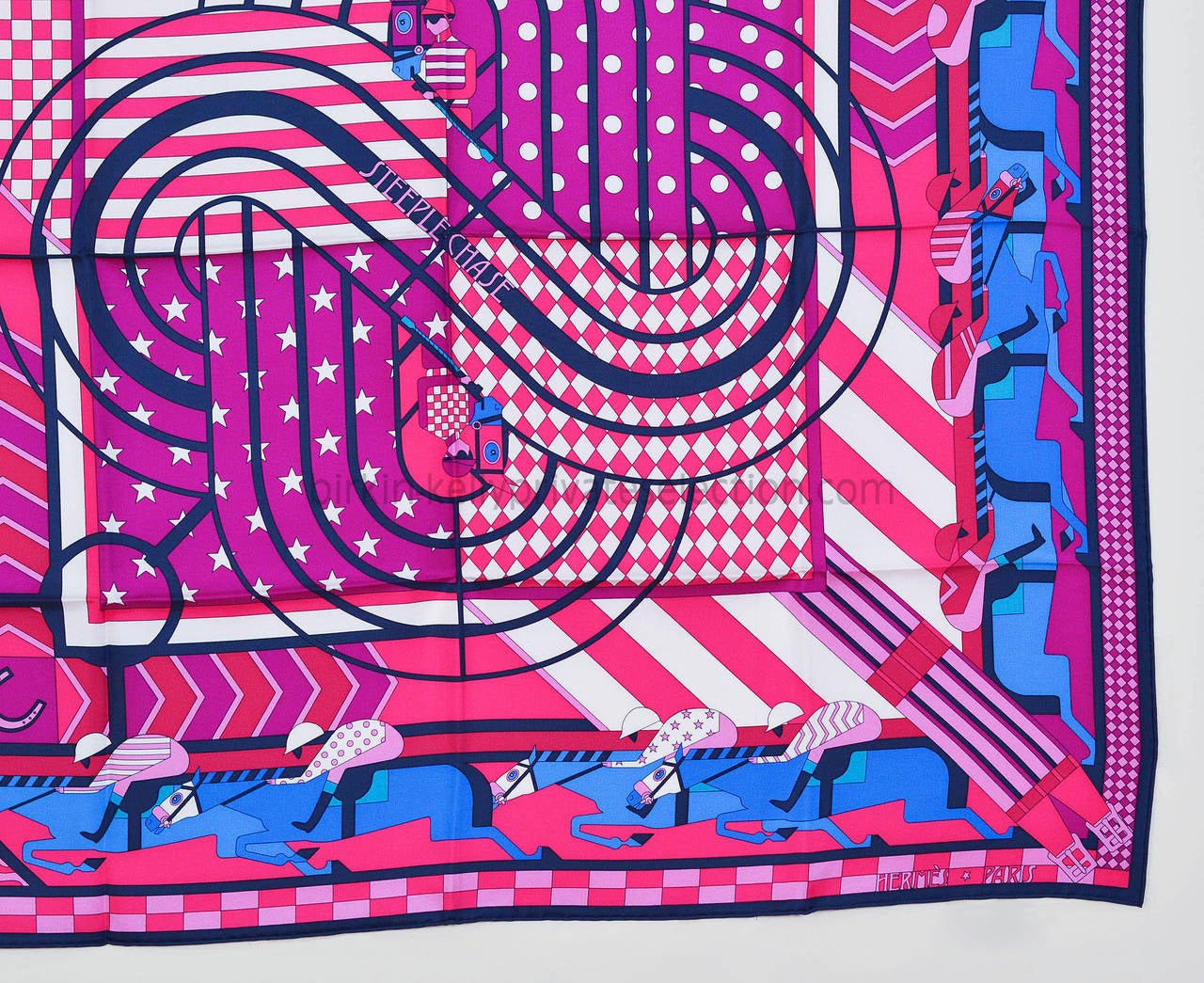 HERMES CARRE TWILL 100% Seide 90CM STEEPLE CHASE Blau Rosa Weiß 2015. 1