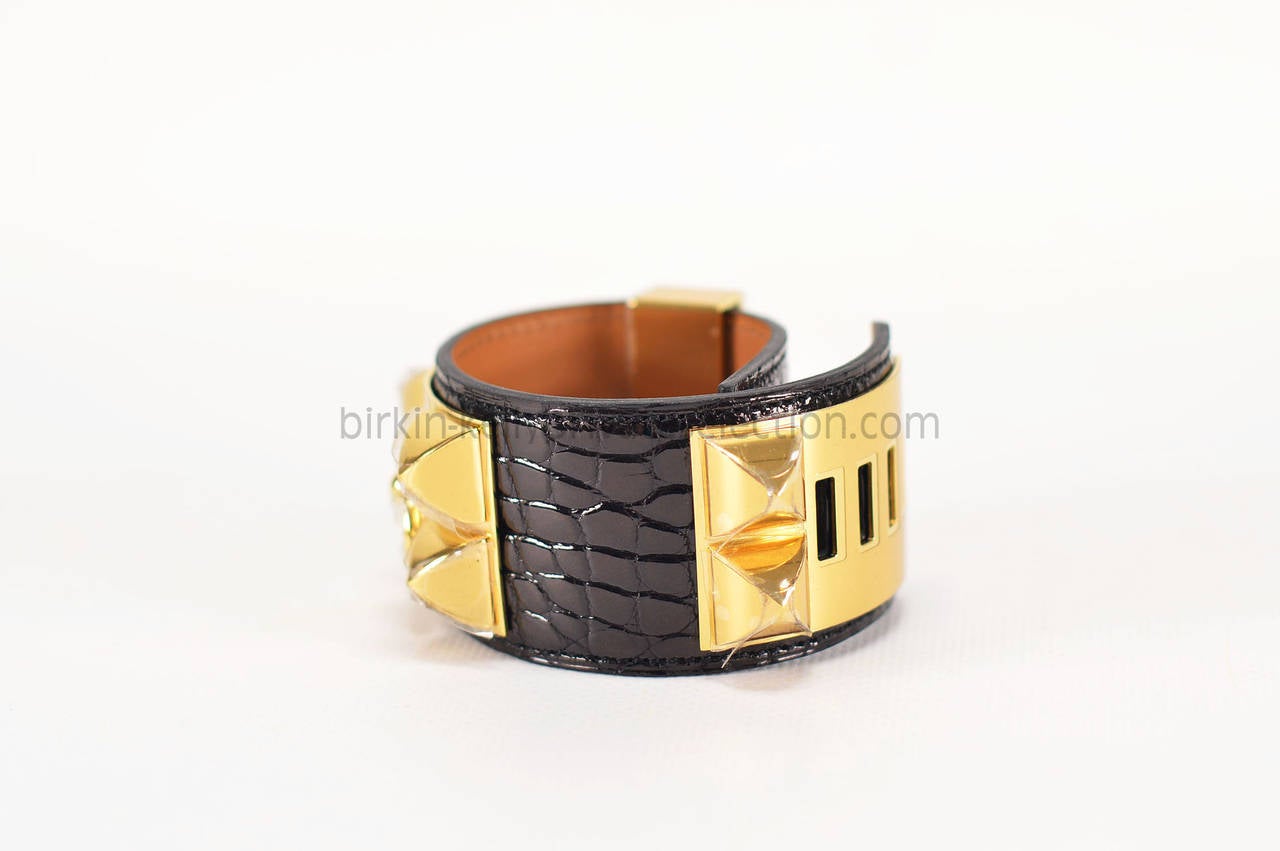 HERMES BRACELET COLLIER DE CHIEN V2 Alligator Black Gold Hardware ...  