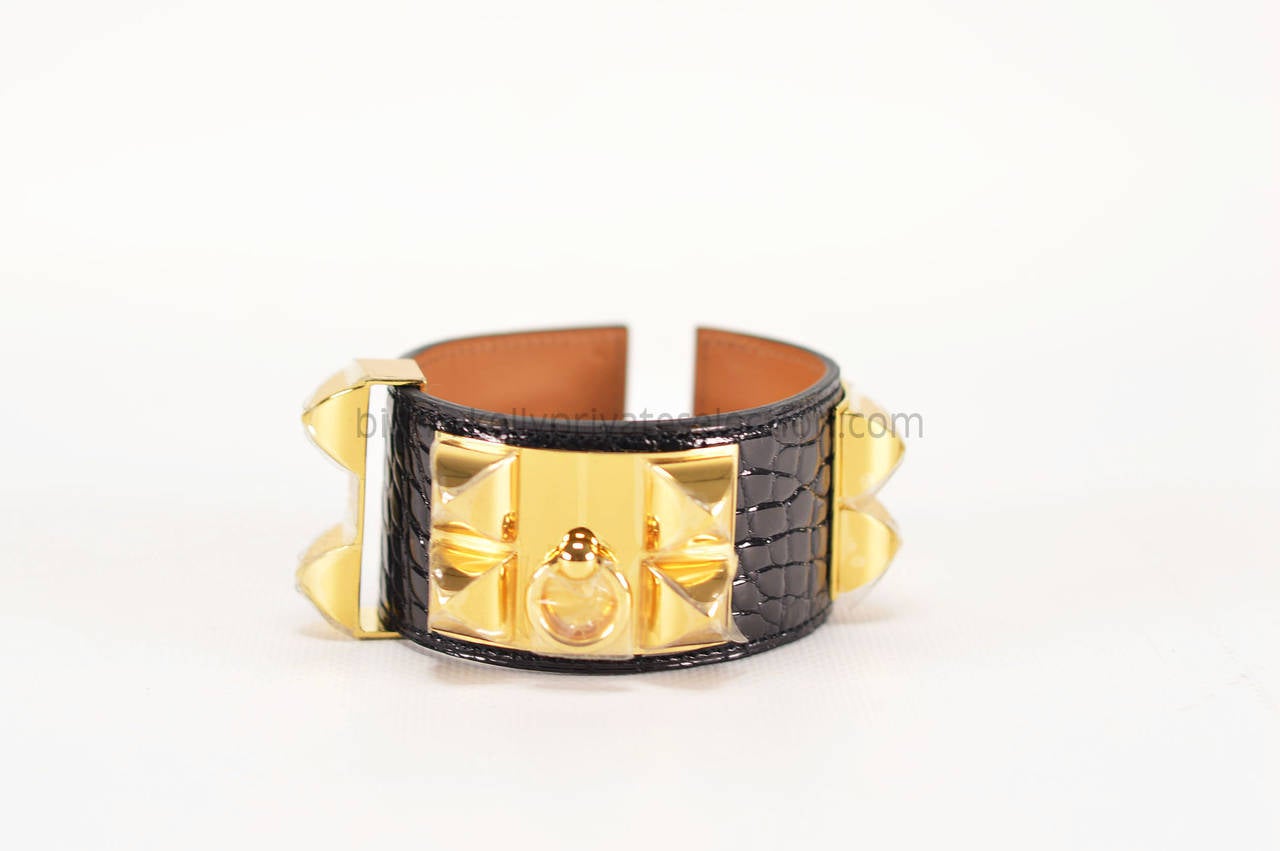 HERMES BRACELET COLLIER DE CHIEN V2 Alligator Black Gold Hardware ...  