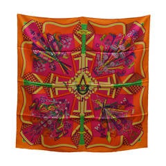 Hermès Carré "Bouquet Sellier"  Orange/Capucine/Fuchsia 100%Silk.