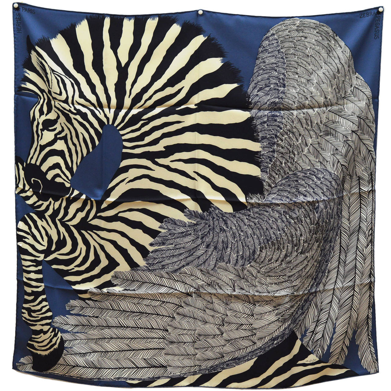 Hermès Carré "Zebra Pegasus"  Jean/Caban/noir 100%Silk.