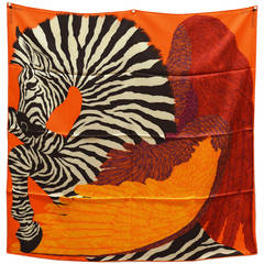 Hermès Carré "Zebra Pegasus" Rouge/Orange/Bouton D´or 100%Silk.