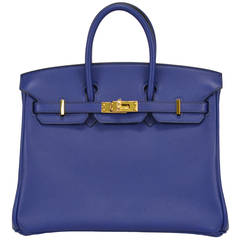 2014 HERMES Birkin Bag 25cm Blue Gold Hardware