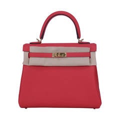 2014 Hermes Kelly Bag Retourne  25cm Rouge Pivoine color Gold Hardware.