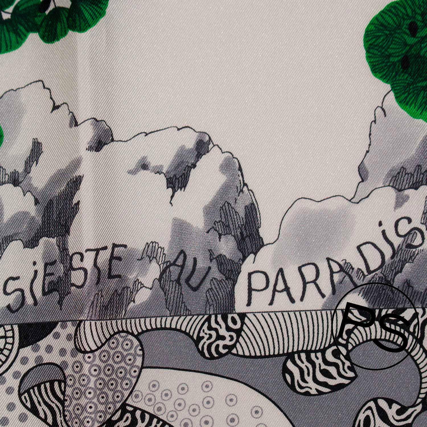 Hermes Carre Twill Sieste au Paradis White, Black, Green 2015.

Pre-owned and never used.

Bought it in Hermes store in 2015.

Model; Sieste au Paradis

Composition; 100% Silk.

Size; 90cm x 90cm.

Color; Blanc, Noir, Vert.

-Original