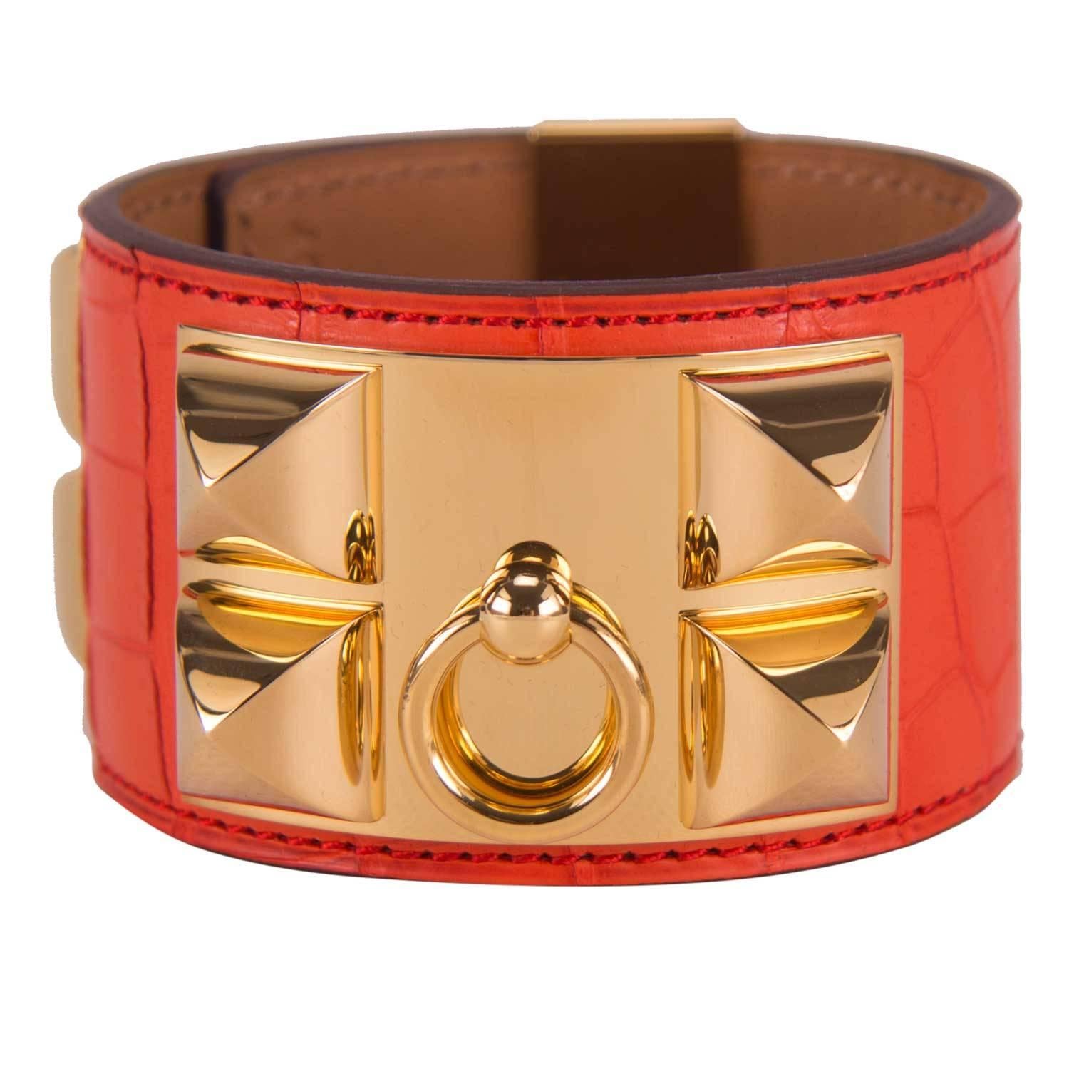 Hermes Bracelet Collier de Chien V2 Alligator Leather Orange Poppy GHW 2015. For Sale