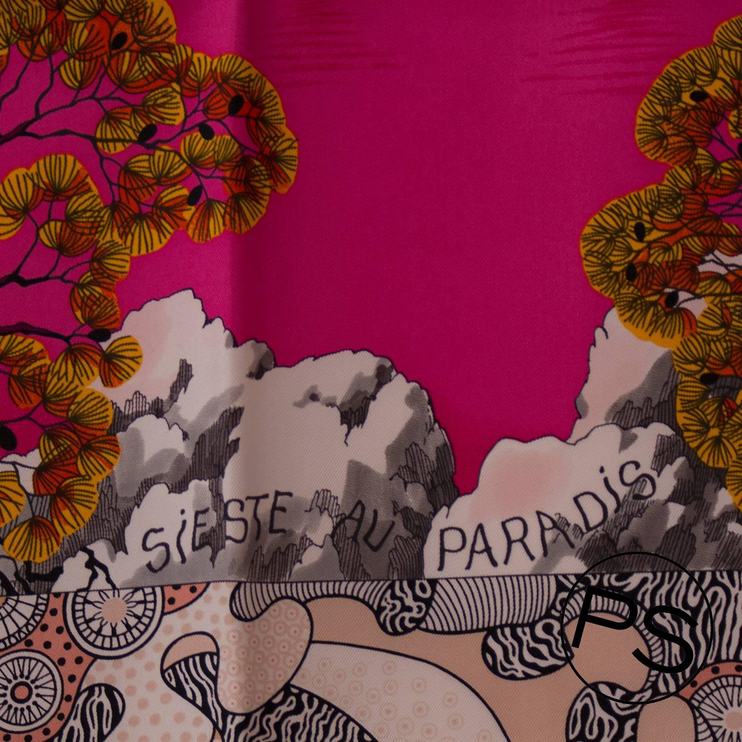 Hermes Carre Twill Sieste au Paradis Orange, Pink, Violet 2015.

Pre-owned and never used.

Bought it in Hermes store in 2015.

Model; Sieste au Paradis

Composition; 100% Silk.

Size; 90cm x 90cm.

Color;