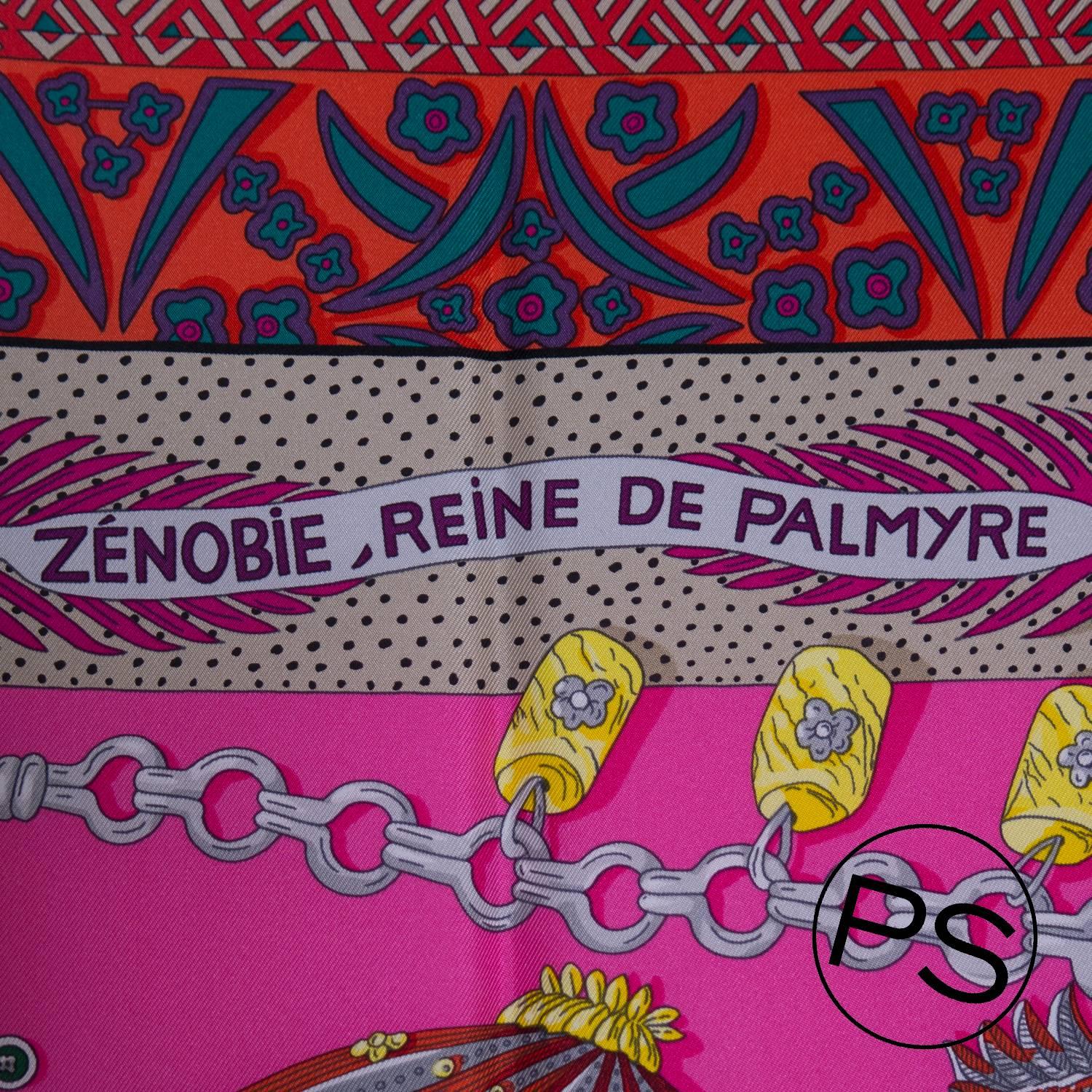 Hermes Carre Twill Zenobie Reine de Palmyre Pink, Orange 2015.

Pre-owned and never used.

Bought it in Hermes store in 2015.

Model; Zenobie, Reine de Palmyre

Composition; 100% Silk.

Size; 90cm x 90cm.

Color; 