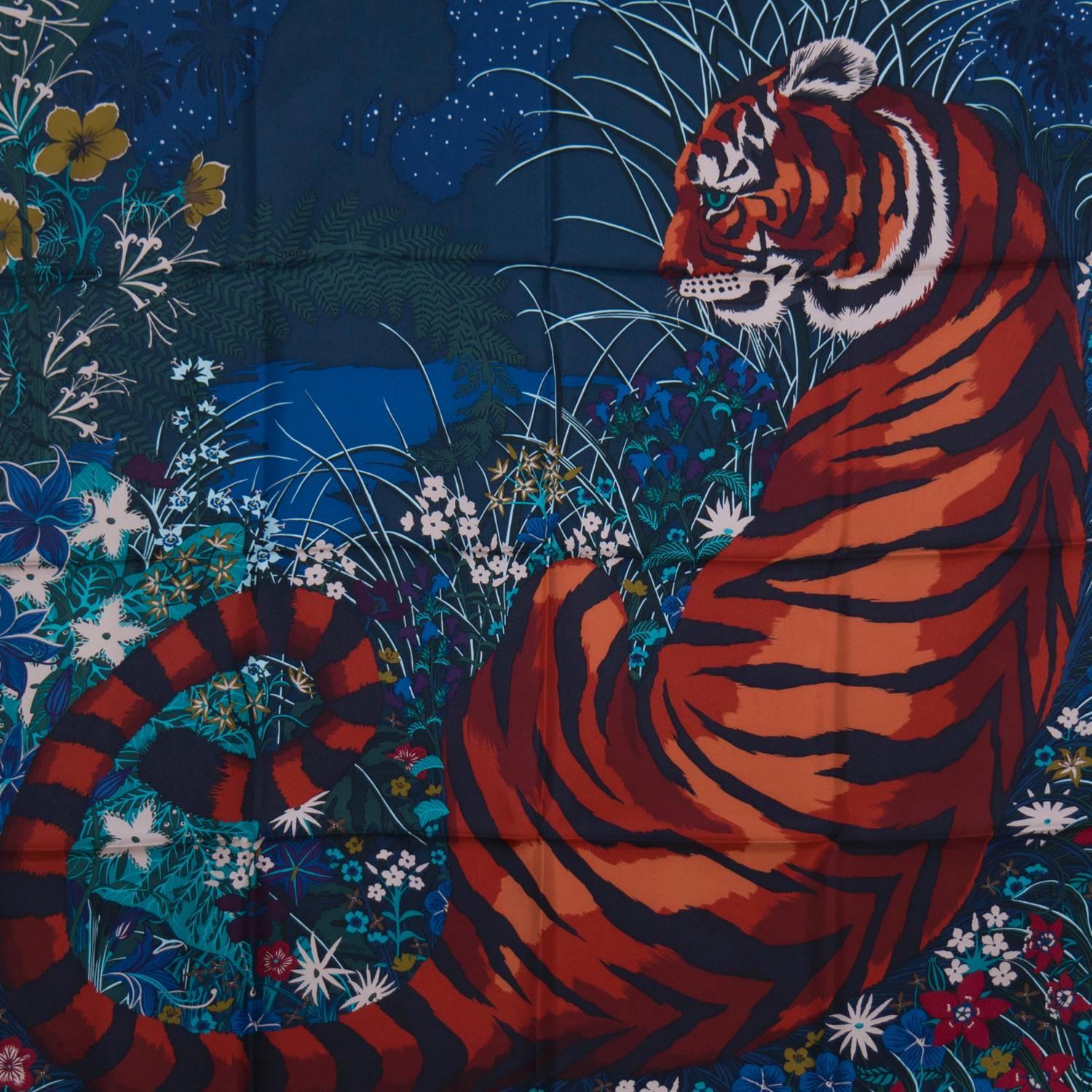 Hermes Carre 100% Silk Tyger blue, green, red 2015. For Sale at ...  