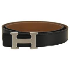 Hermes Belt H 32 mm 90cm Box Togo Leather Black Brown Palladium Hardware Reversi