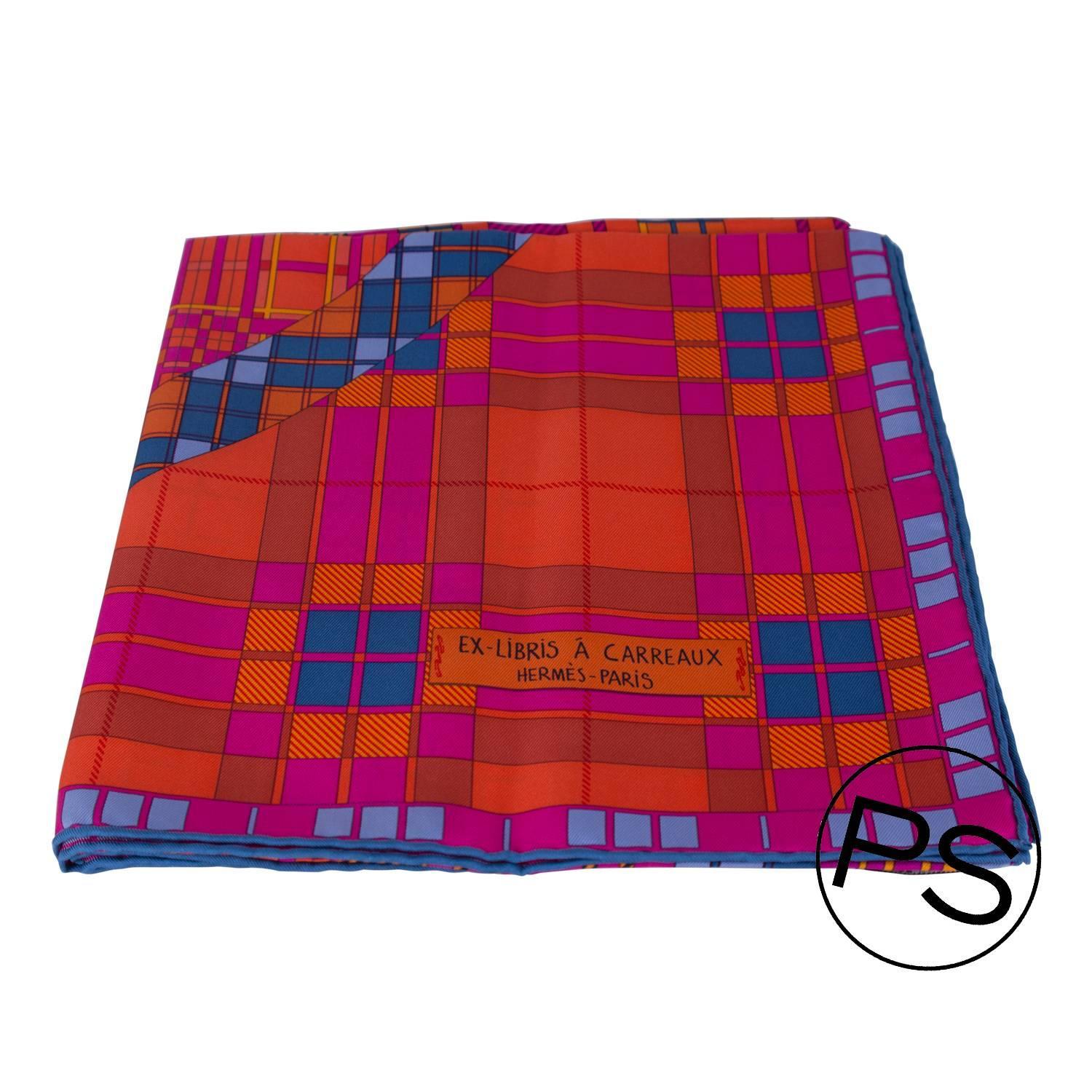 Hermes Carre 100% Silk Ex Libris a Carreaux Orange, Fucshia, Blue ...  