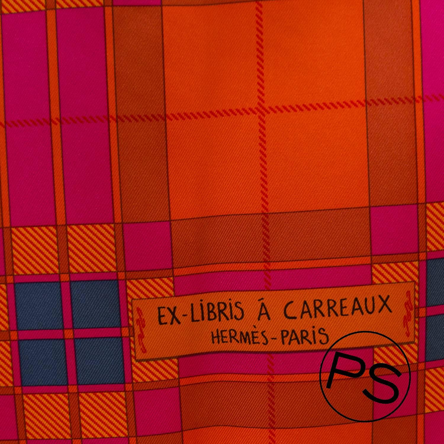 Hermes Carre 100% Silk Ex Libris a Carreaux  Orange, Fucshia, Blue 2015

Bought it in hermès store in 2015.

Pre-owned and never used

100% Silk

Size; 90cm

Color;  ORANGE / FUCHSIA / BLEU JEAN

Model: EX LIBRIS A