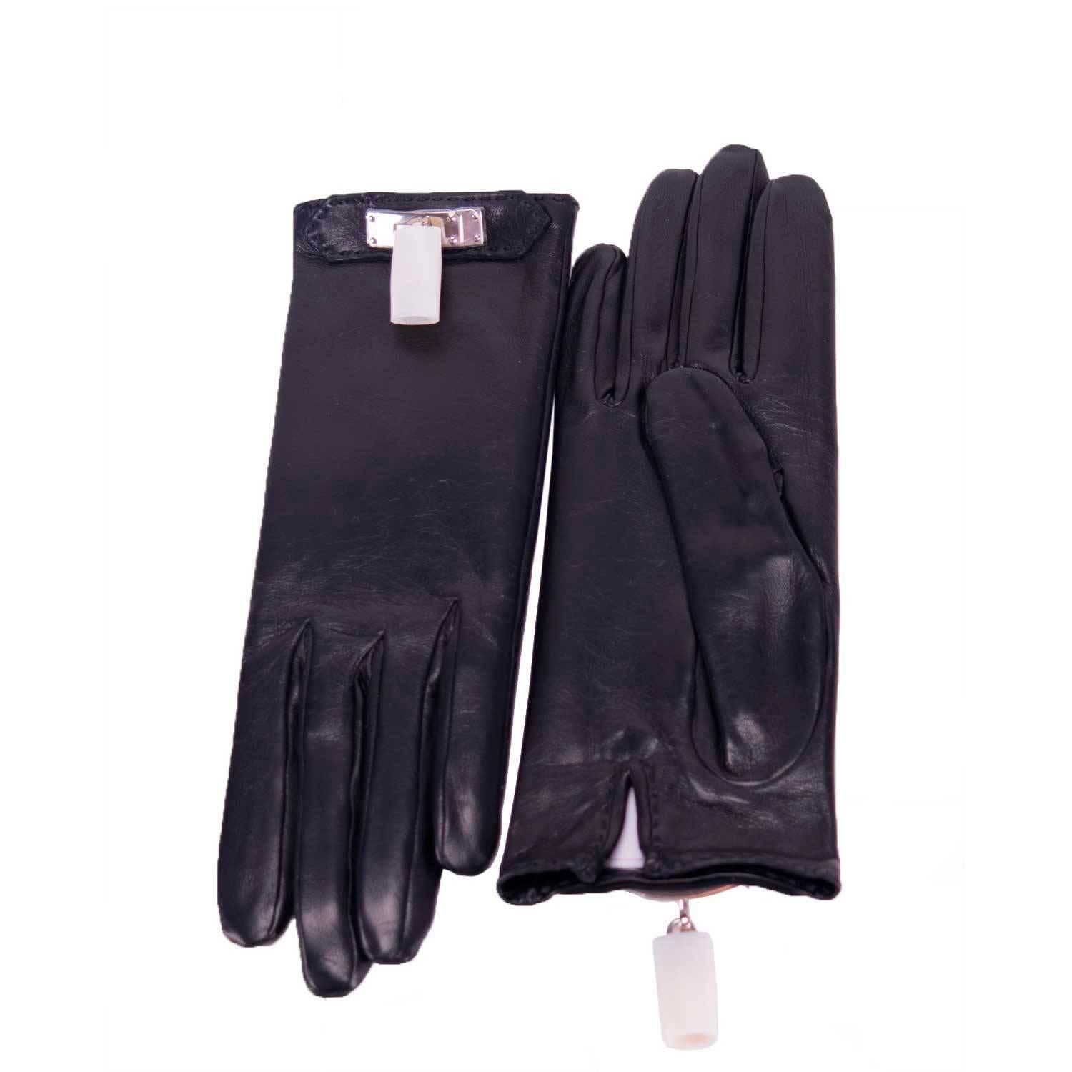 HERMES Gloves Woman SOYA Size 6, 5 Black Palladium Hardware 2015..