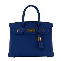 Hermes Handbag Birkin 30 Togo Blue Gold Hardware 2015.
