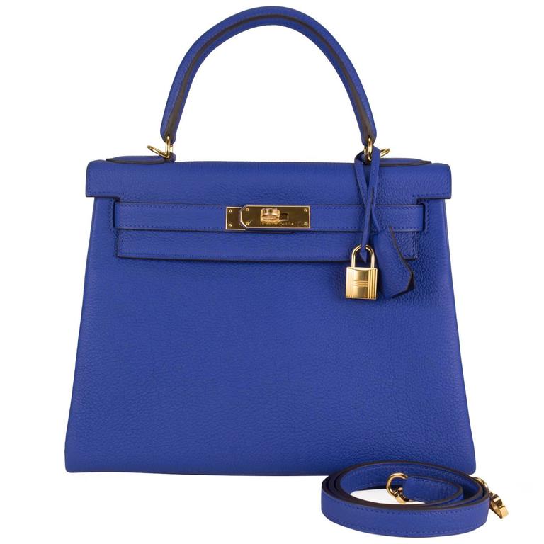 Hermes Handbag Kelly 28 Togo Blue Gold Hardware 2015. at 1stDibs