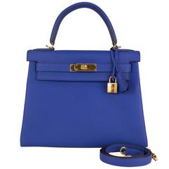 Hermes Handbag Kelly 28 Togo Blue Gold Hardware 2015.