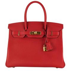Hermes Handbag Birkin 30 Taurillion Clemence Red Gold Hardware 2015.