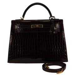 Hermes Handbag Kelly II Selllier 32 Crocodile Niloticus Lisse Bordeaux Gold Hard