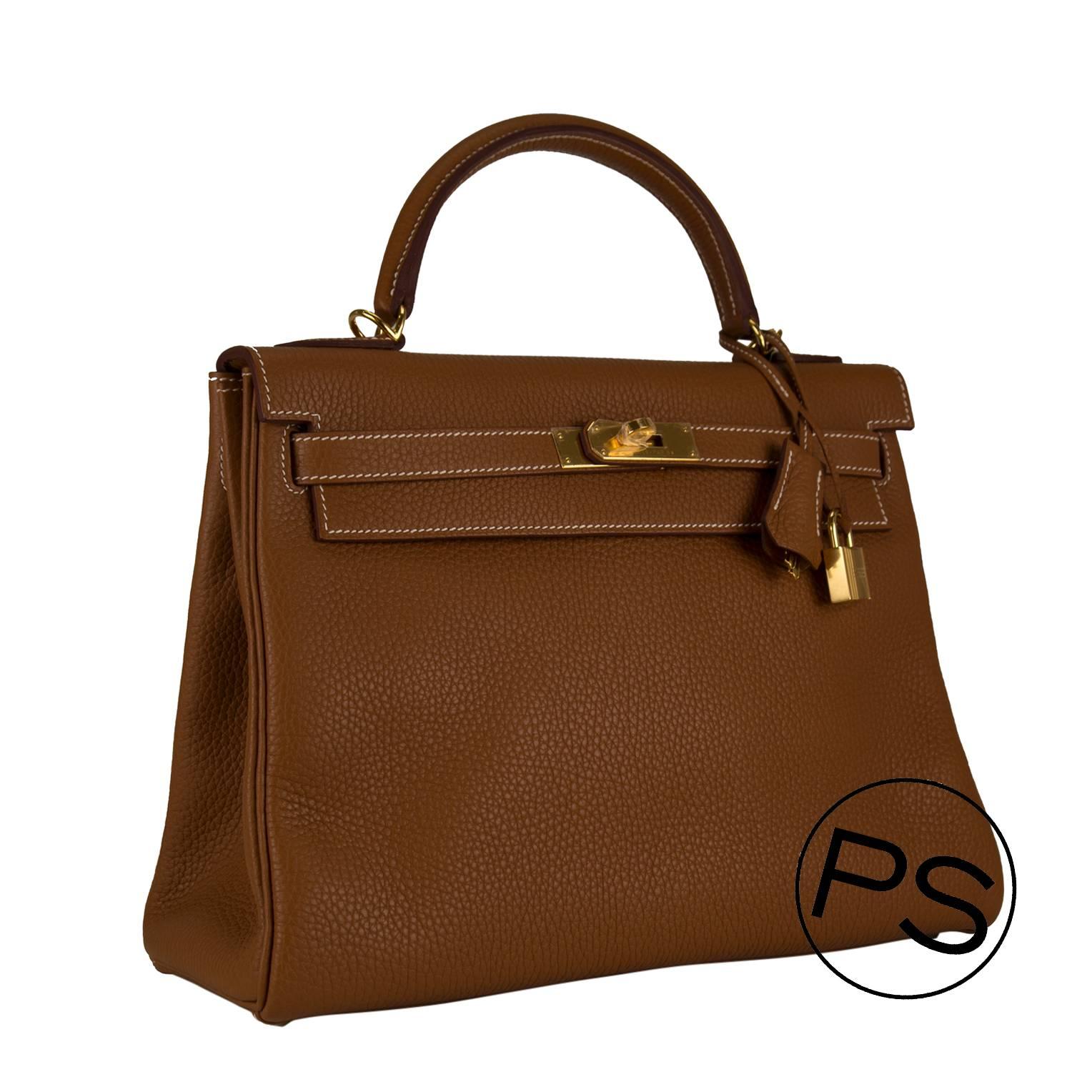 Hermes Kelly II retourne 32 Taurillion Clemence Brown Gold Hardware 2015

Pre-owned and never used.

Bought it in Hermes store in 2015.

Model: KELLY

Dimensions: 32x23x10.5cm

Color: Gold

Details:
*Protective felt removed for purposes