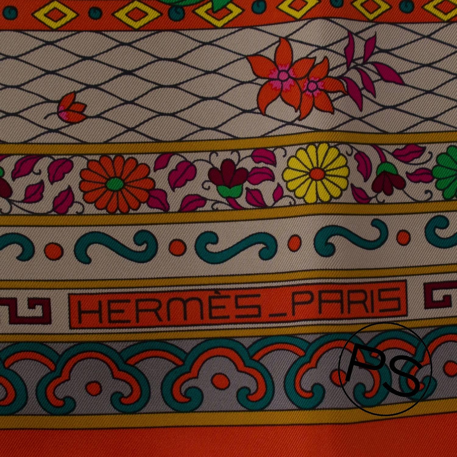 Hermes Carre Twill Collections Imperiales Capucine, Green, Pink 2015. In New Condition In Miami, FL