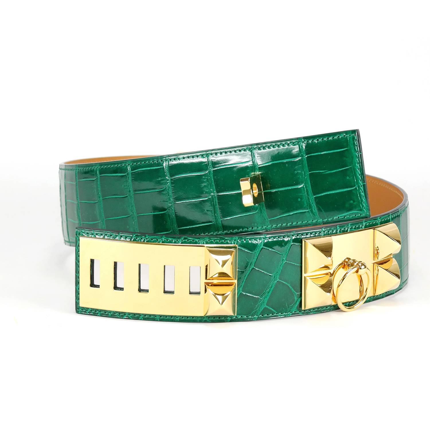 Hermes Belt Collier de Chien Crocodilde 75 CM Vert Emeraude 2014. In New Condition For Sale In Miami, FL