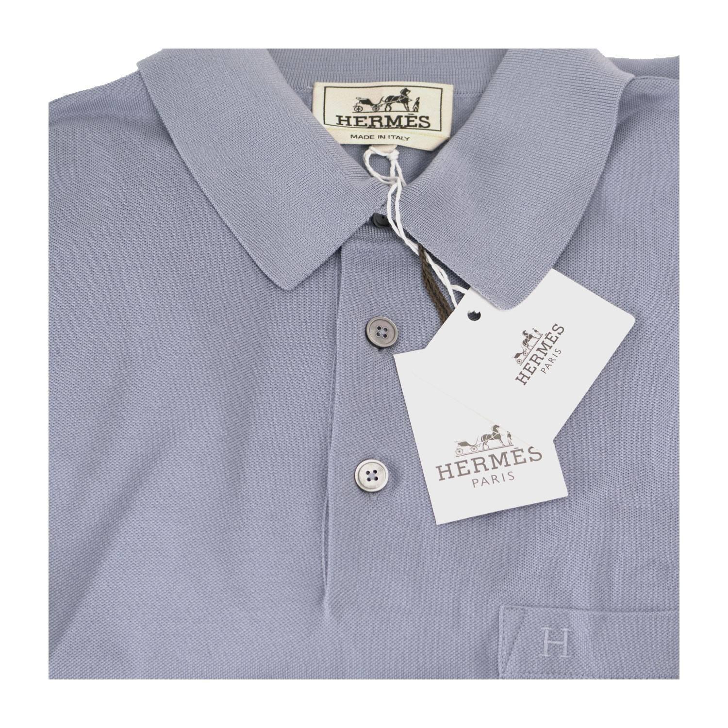 Gray Hermes Polo Boutonne Pique Cotton Size M Color Bleu Ciel 2016  For Sale