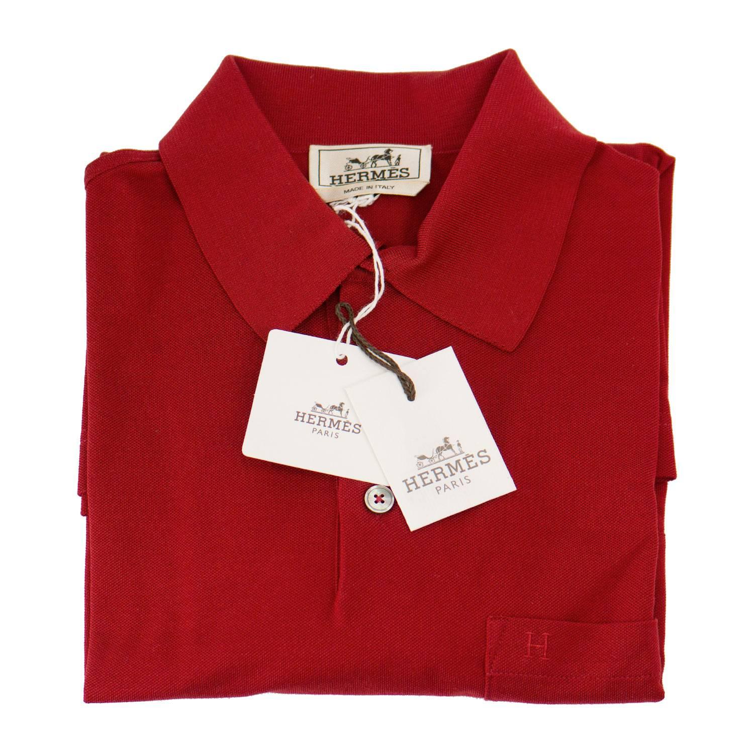 Red Hermes Polo Boutonne Pique Cotton Size M Color Rouge Vif 2016. For Sale