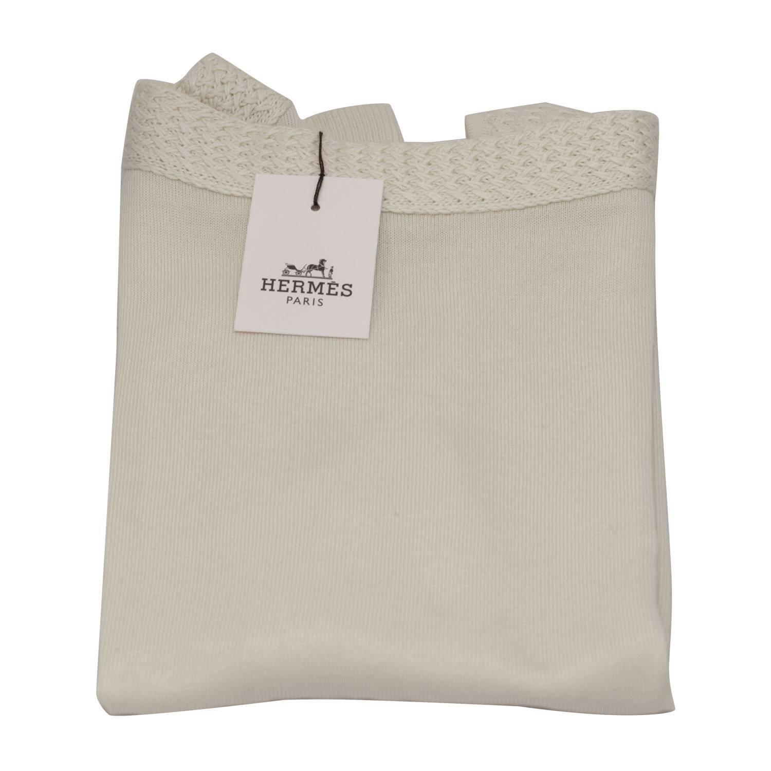 Women's Hermes Pullover Relief Stich Boat Collar Cotton Silk Size 38 Color Ecru. For Sale