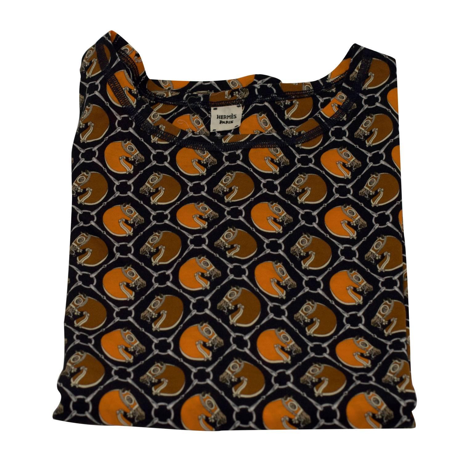 Women's Hermes T-Shirt Jersey Tattersale on Cotton Size 38 Color Bleu/Orange 2016. For Sale