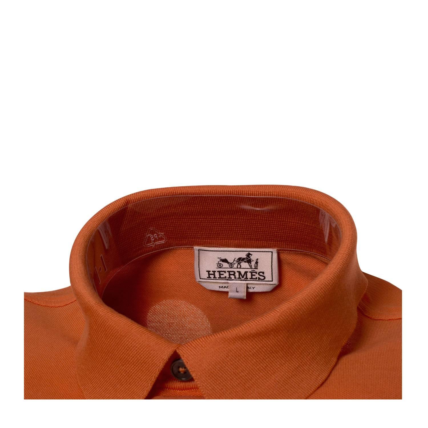 Red Hermes Polo Boutonne Pique de Cotton Size L Color Orange 2016. For Sale
