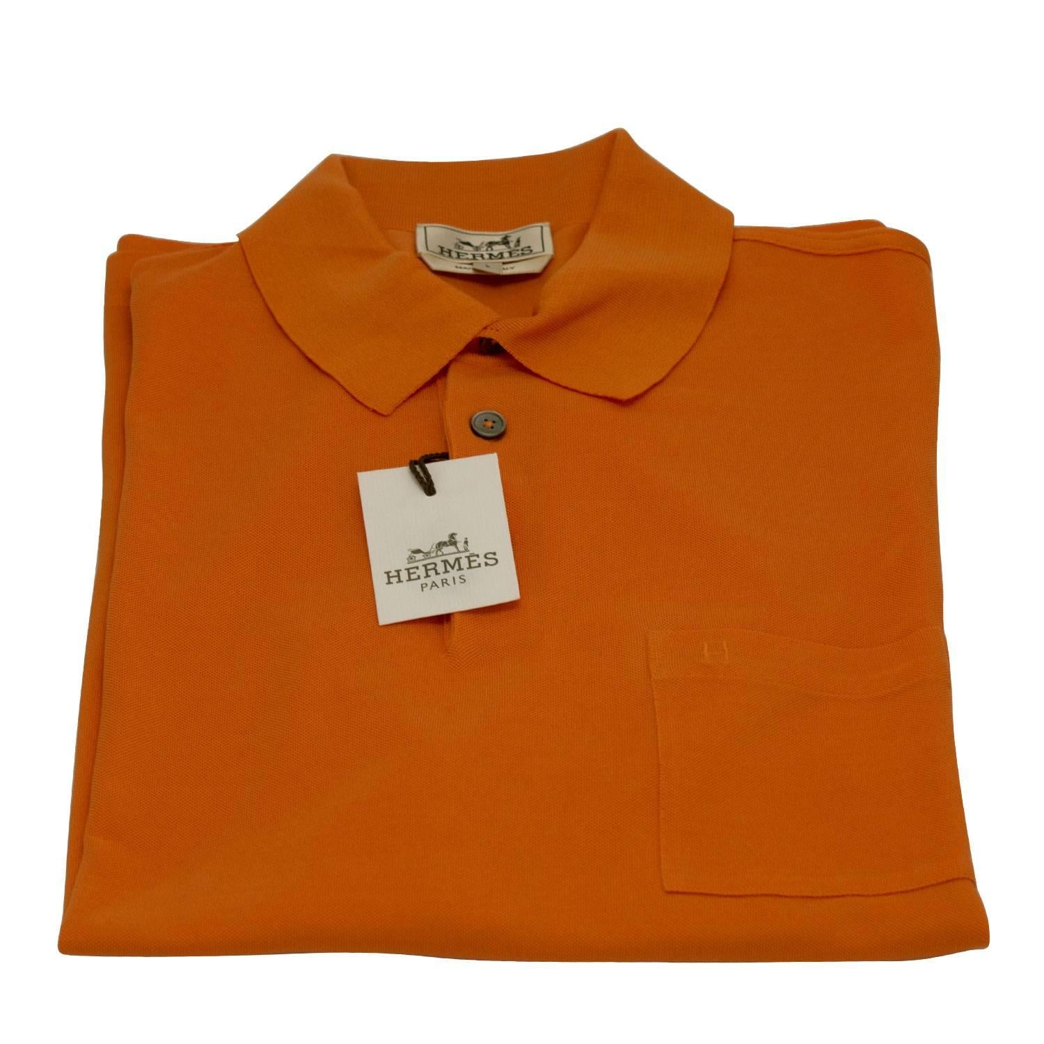 Hermes Polo Boutonne Pique de Cotton Size L Color Orange 2016. In New Condition For Sale In Miami, FL