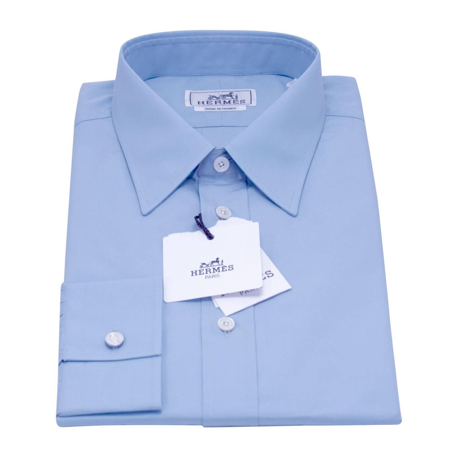 Men's Hermes Chemise Col Droit Popeline de Coton Unie Blue Pale Color 43 Size 2016. For Sale