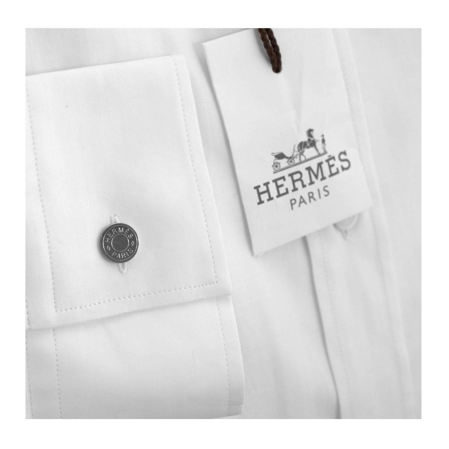 Hermes Chemise Col Droit Faux Uni Chevron 90 Blanc 43 Size 2016 In New Condition For Sale In Miami, FL