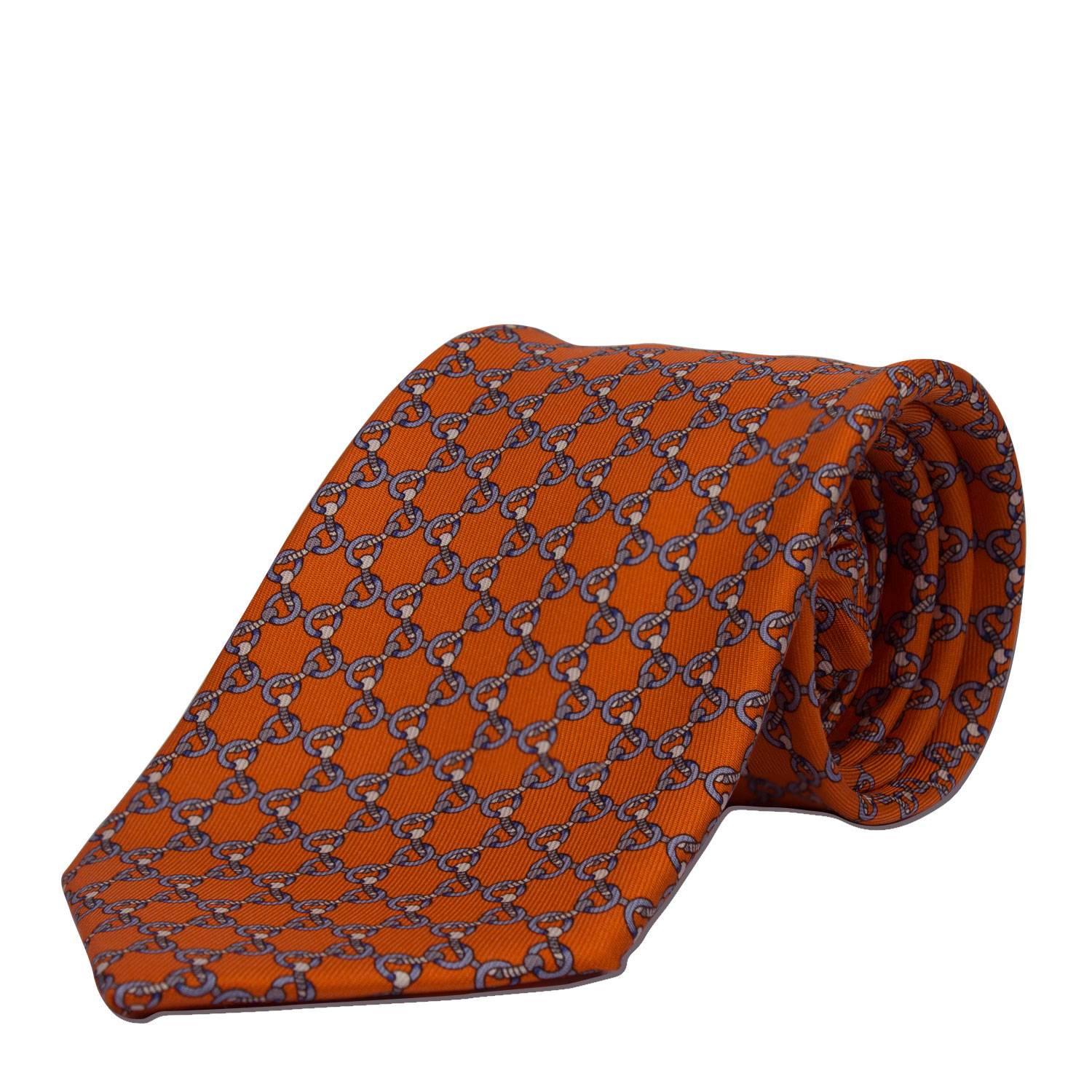 Hermes Cravate/Tie 100% Silk Le Piree Or 8cm Orange Vif/Ciel/Gris Clair 2016. In New Condition In Miami, FL