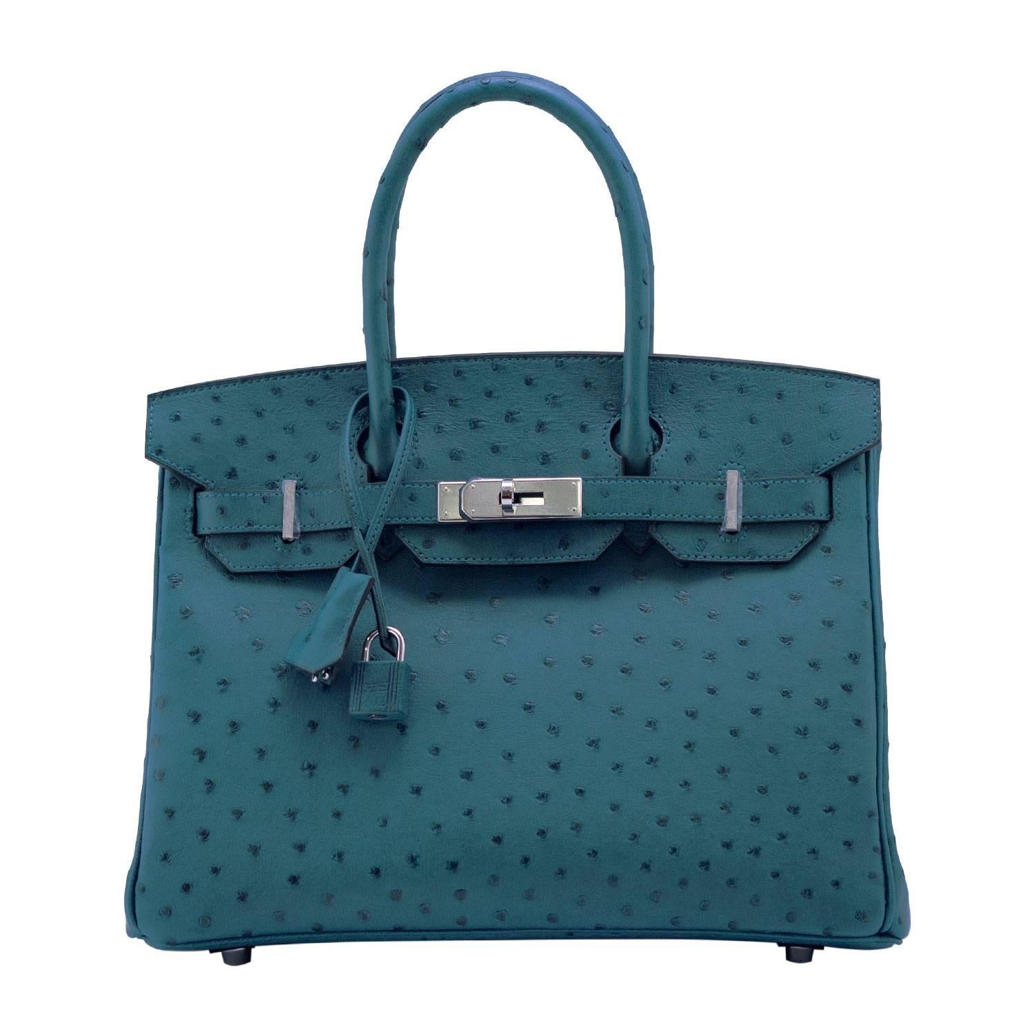 Hermes Handbag Birkin 30 Ostrich Leather 7C Cobalt Color Palladium Hardware 2016