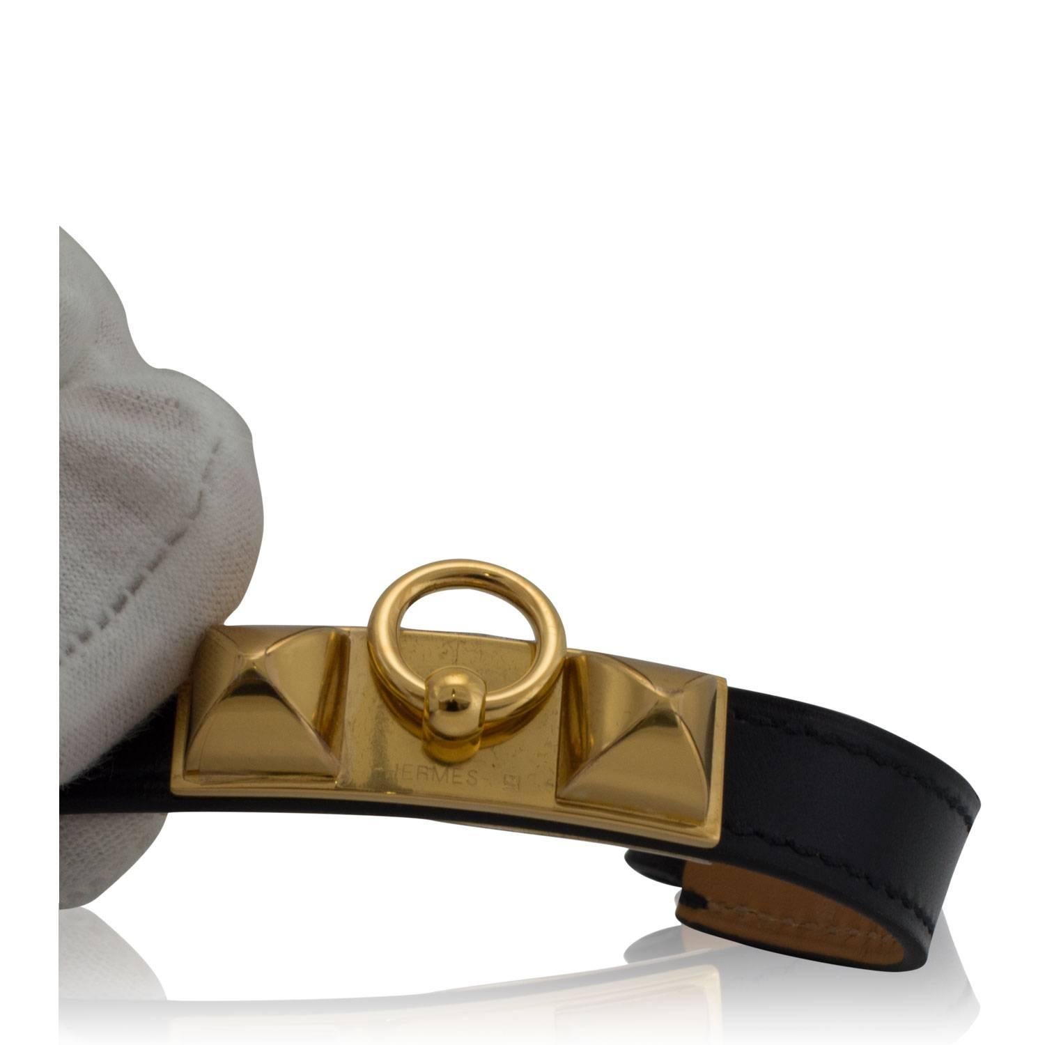 Women's Hermes Bracelet Rivale Double Tour Epsom Leather Black Color S Size Gold Hardwar