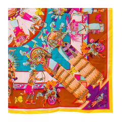 Hermes Shawl  "Kachinas" 100% Silk Brown, Yellow, Blue Color 140cm 2013