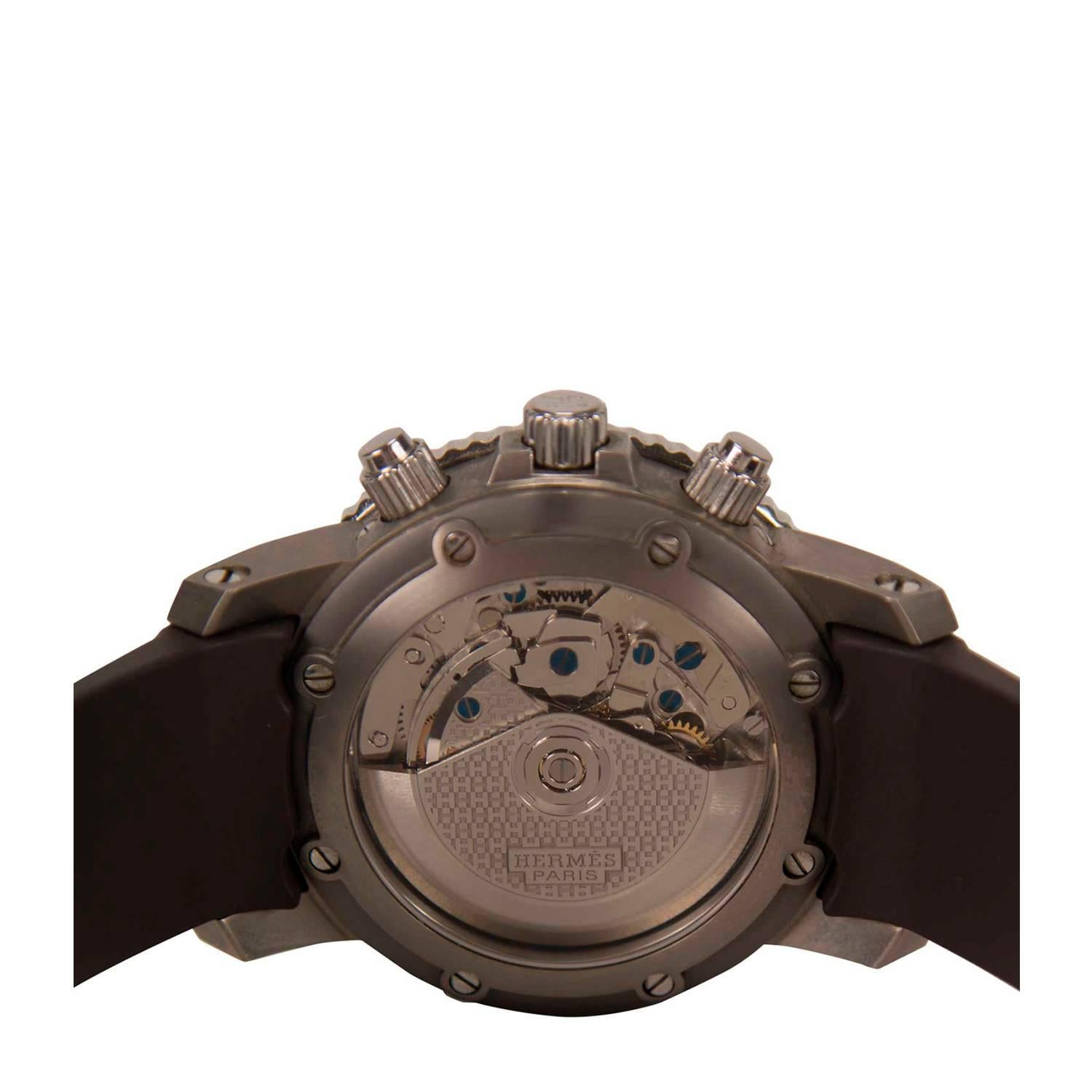 Artisan Hermes Clipper Chronographe Watch Rubber Strap Orange, Black, Brown 2012. For Sale