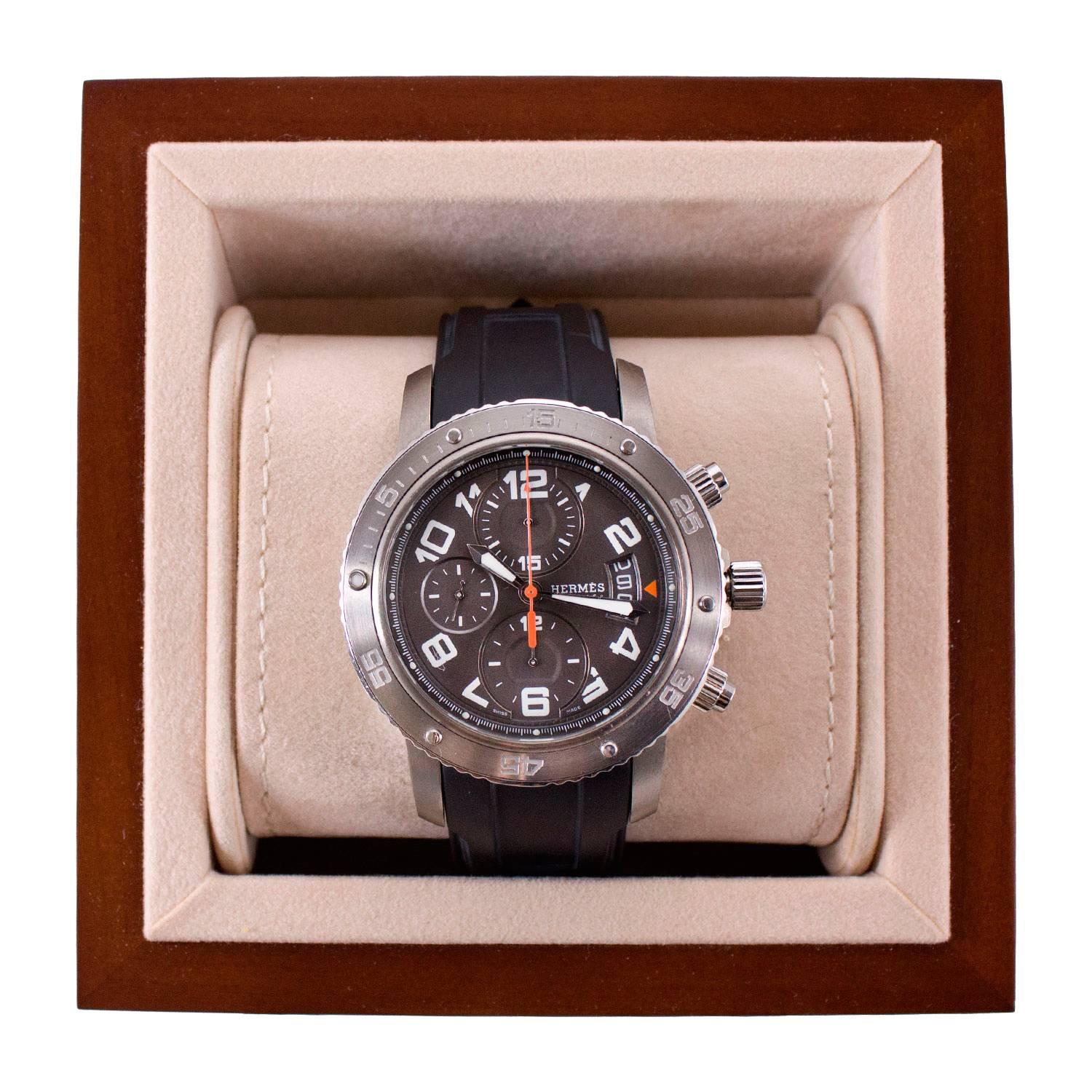 Hermes Clipper Chronographe Watch Rubber Strap Orange, Black, Brown 2012. For Sale 3