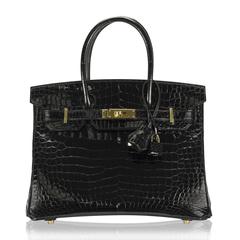 Hermes Birkin 30 Crocodilus Porosus Leather Black Shiny Color GHW 2017