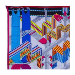 Hermes Shawl "Chale" "Sangles en Zigzag" By Virginie Jamin Gray Chine / Turquois