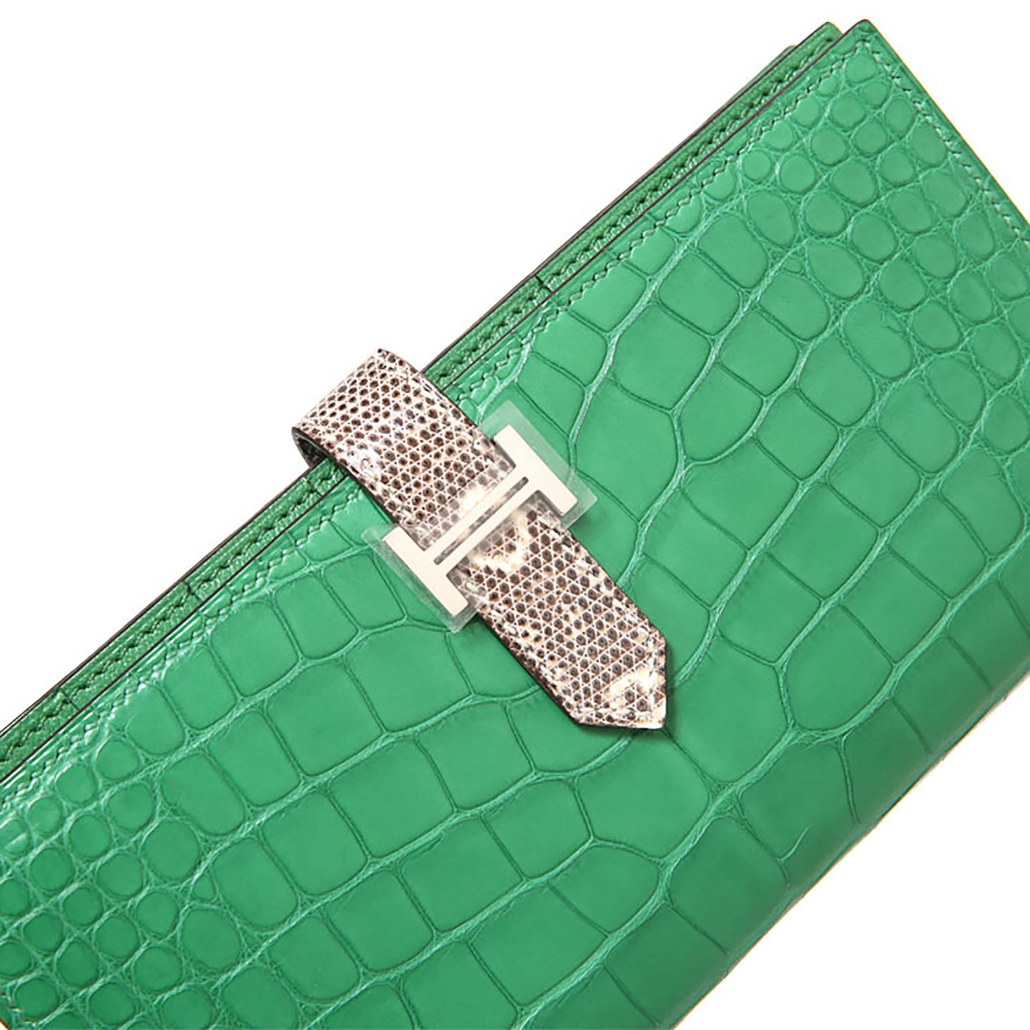 Women's Hermes Bearn Wallet Crocodile Fight Lizard Skin Green / Ombre Color PHW